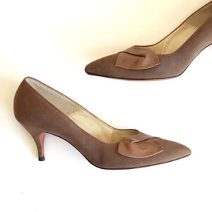 Vintage 1950s Corelli Pointy Toe Taupe Suede Heels Shoes Size 7